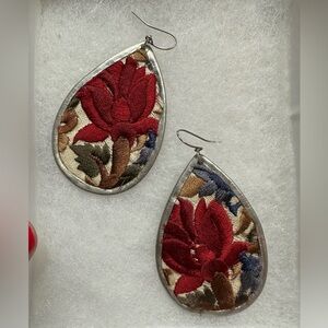 Embroidered Teardrop Earrings - Red and Brown Floral